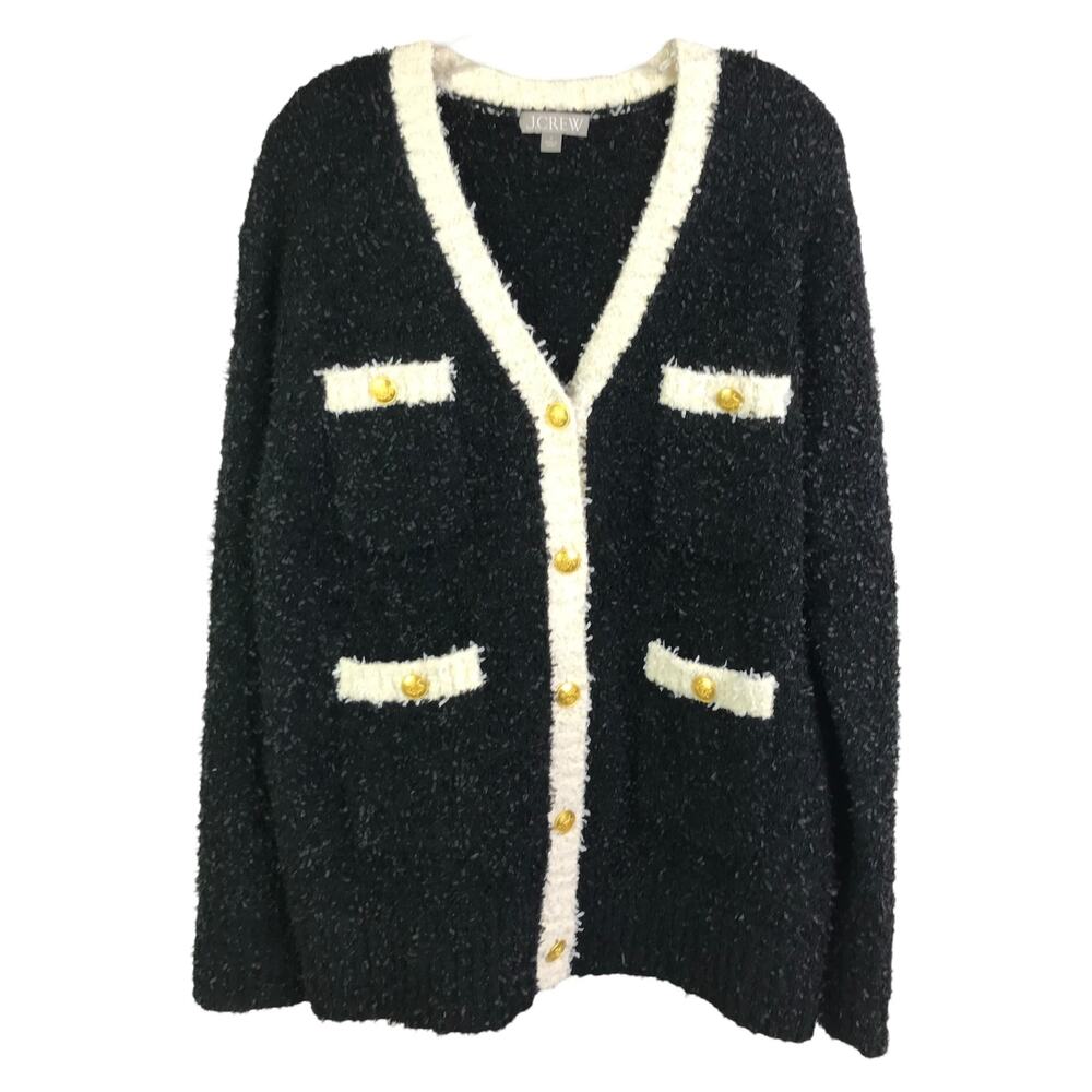 J. Crew‎ Cardigan Sweater Womens Sz S Black White Knit gold Button Front Cotton